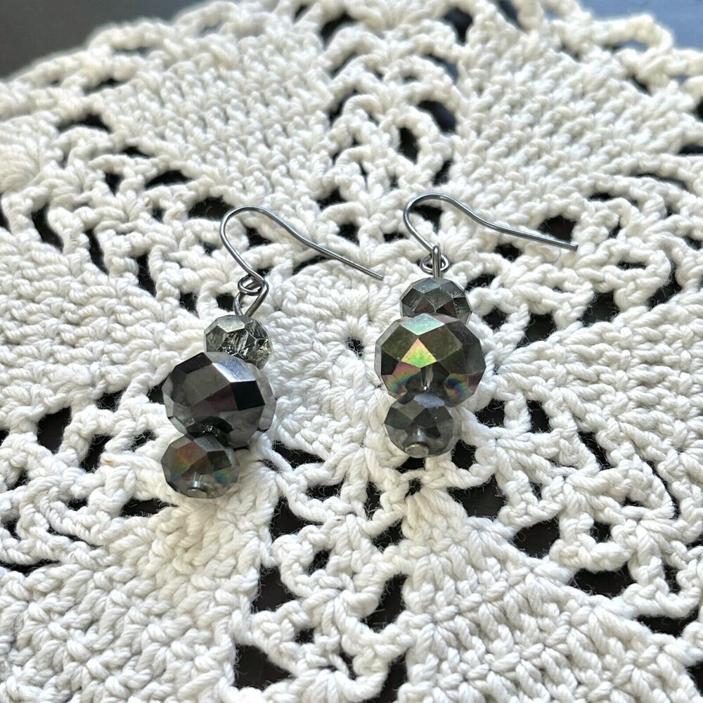 Handmade Glass Bead Earrings 1.5in Hooks Black Coated Beads Dark Silver Tone
